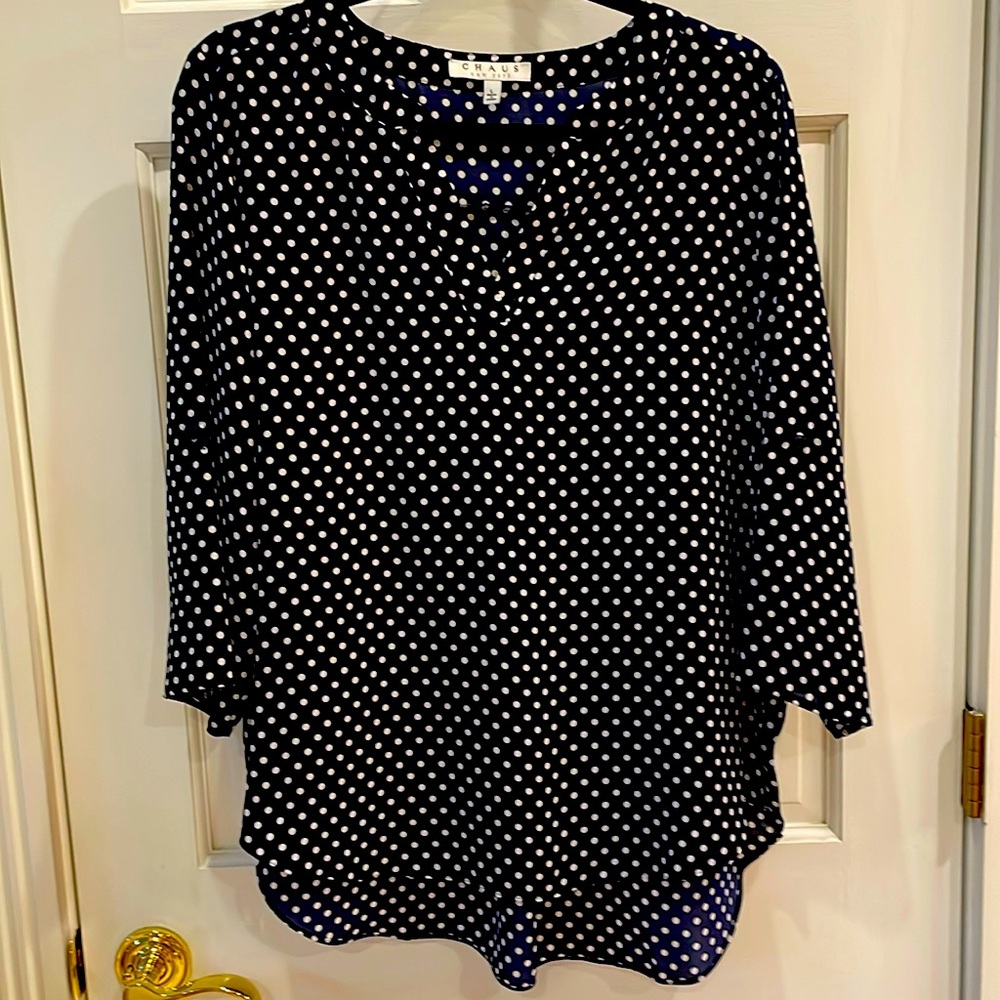 Chaus size Large Navy New Without  Tags 3/4 Sleeve V- Next Polka Dot Top!